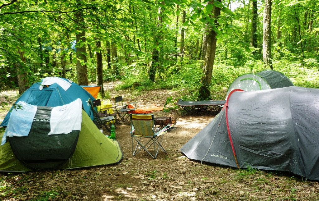 In het bos, achter het zwembad, is het mogelijk met kleinere tenten te kamperen.